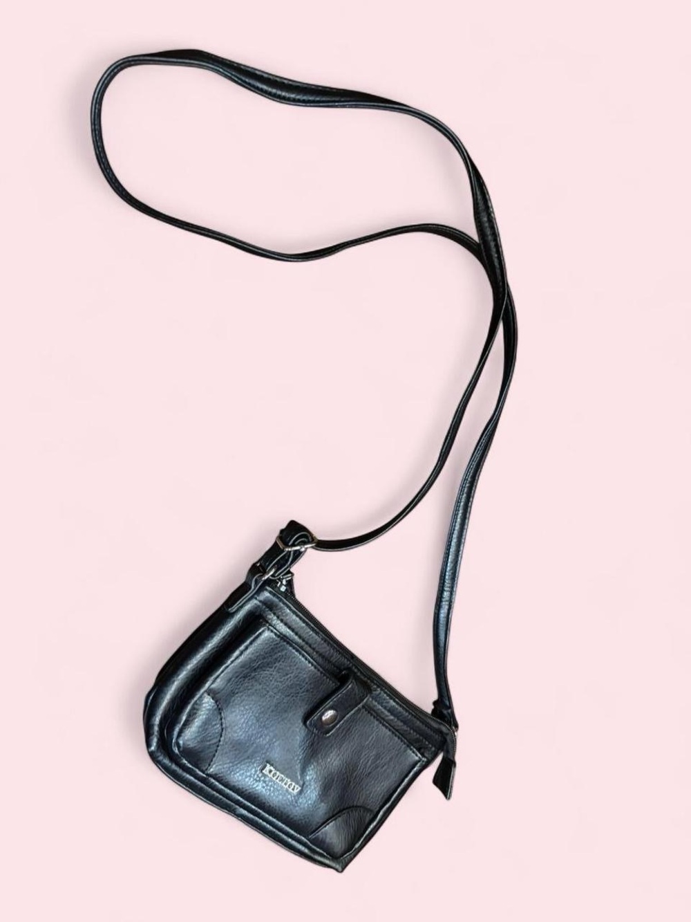 Women's Black Leather-Look Crossbody Bag with Front Pocket